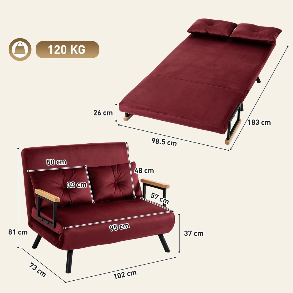 HOMCOM Canapea extensibilă 3 în 1, efect catifea, cu spătar reglabil și 2 perne, 102 x 73 x 81 cm, roșu vișiniu | Aosom Romania