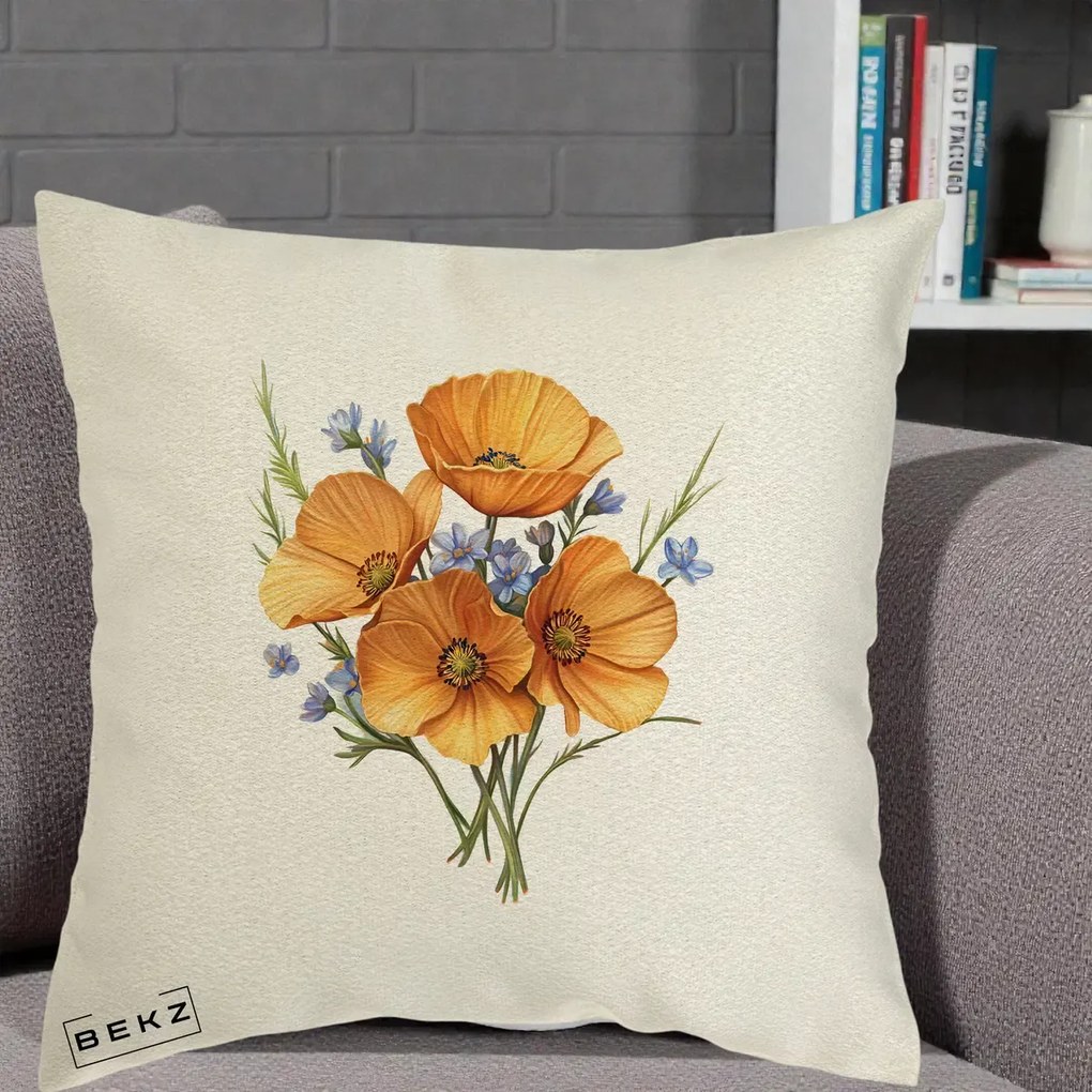 Perna Decorativa Maci Portocalii cu Floricele Albastre, 40x40 cm, Ecru, Husa Detasabila, Perna Inclusa, BEKZ®