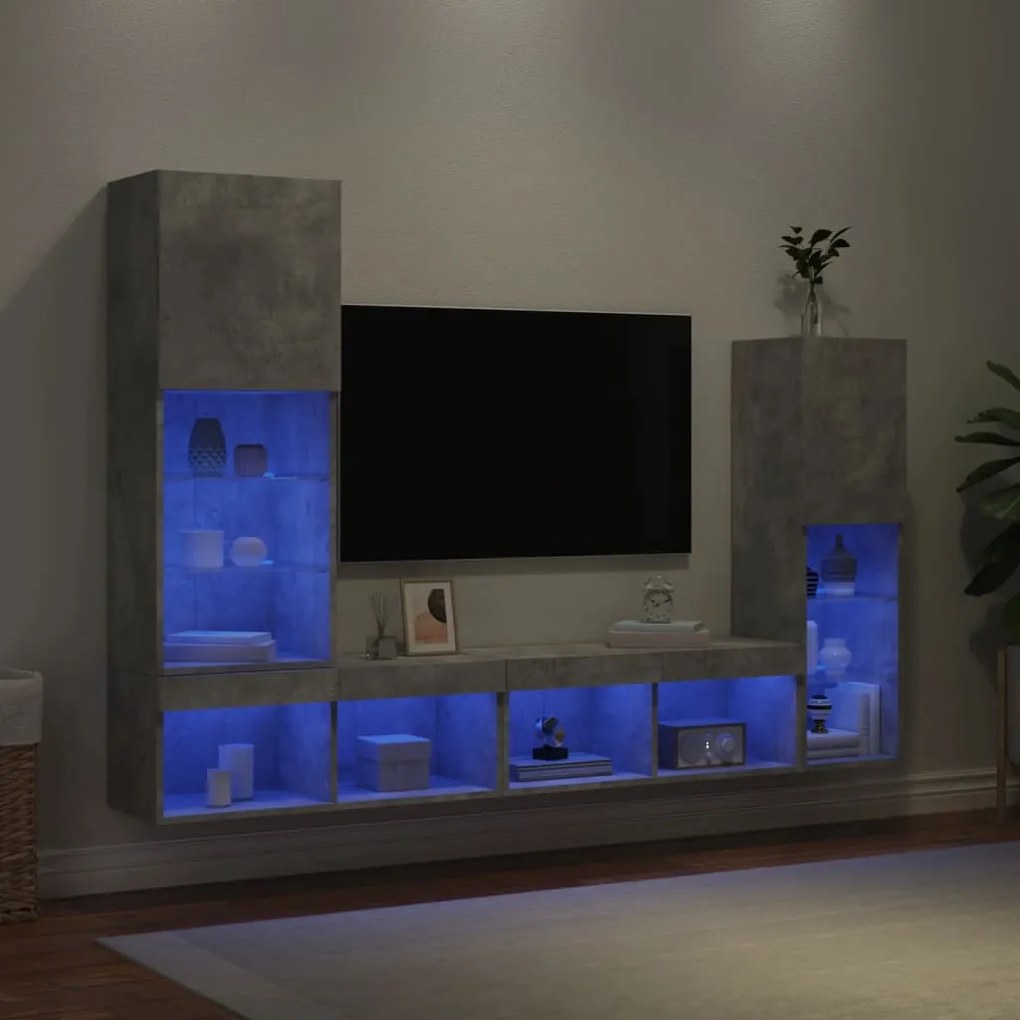 vidaXL Unități TV de perete cu LED-uri 4 piese gri beton lemn compozit