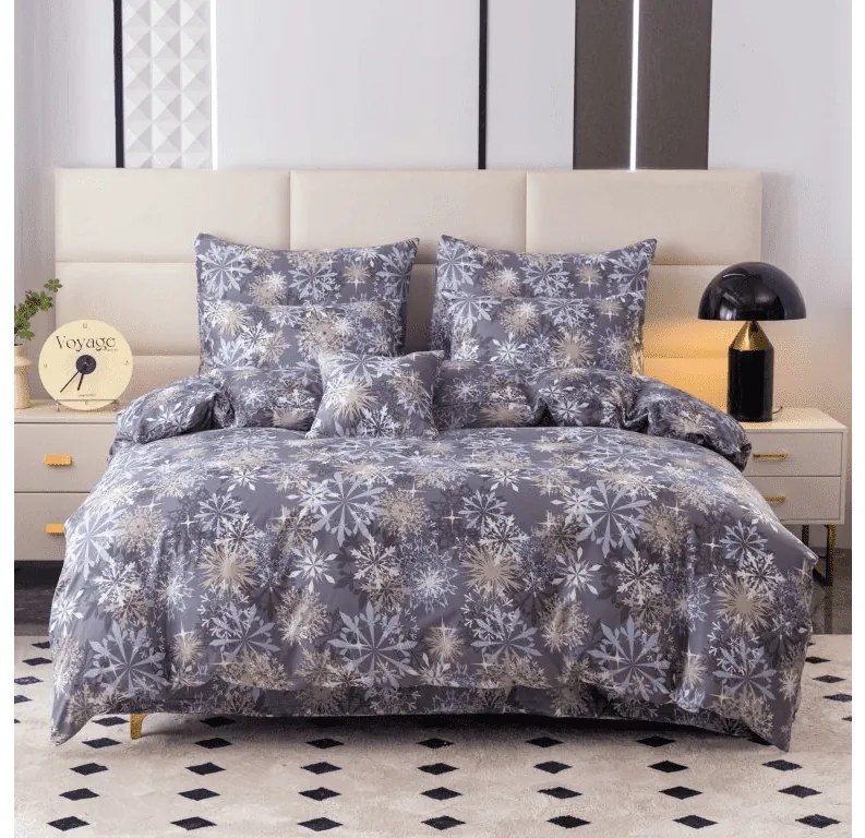 Set 2 bucati lenjerie din microfibra SNOWFLAKE albastru-gri + cearsaf Jersey 180x200cm alb, pat dublu