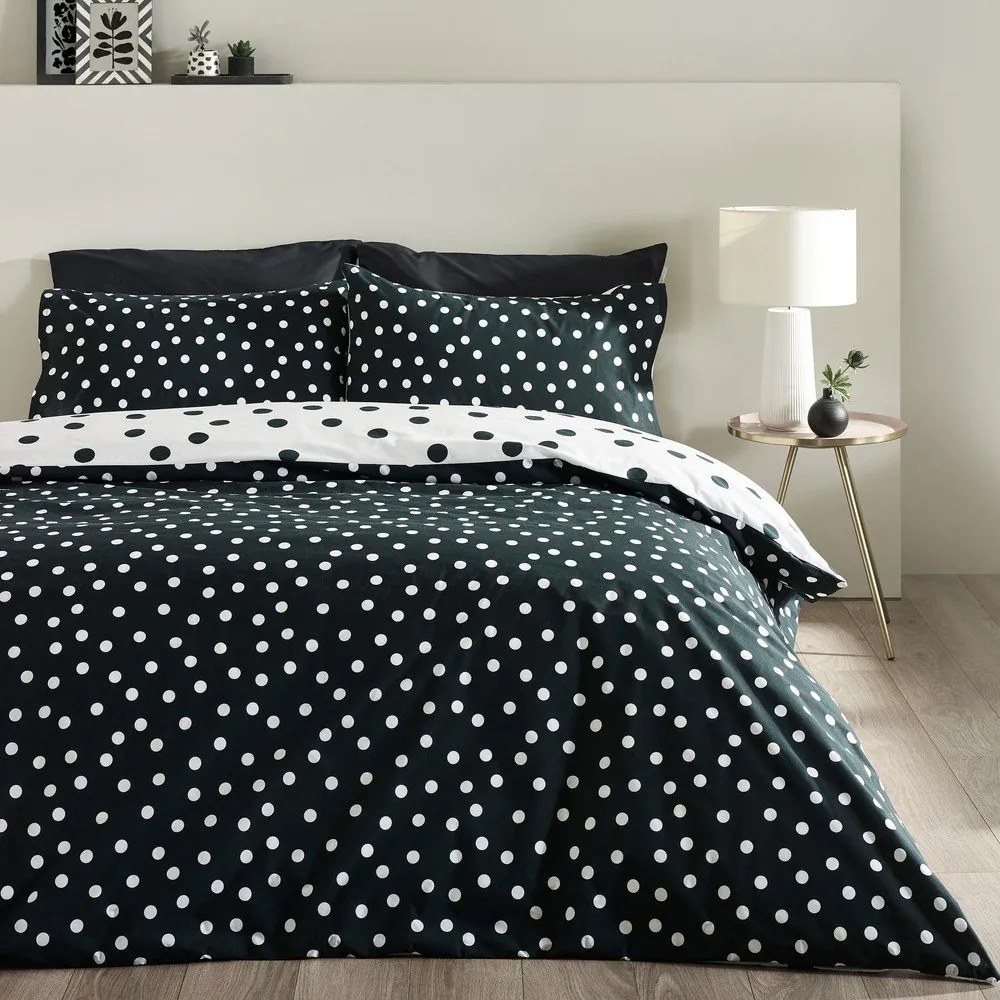 Lenjerie de pat alb-negru pentru pat dublu cu 3 piese 200x200 cm Polka Dot – Catherine Lansfield