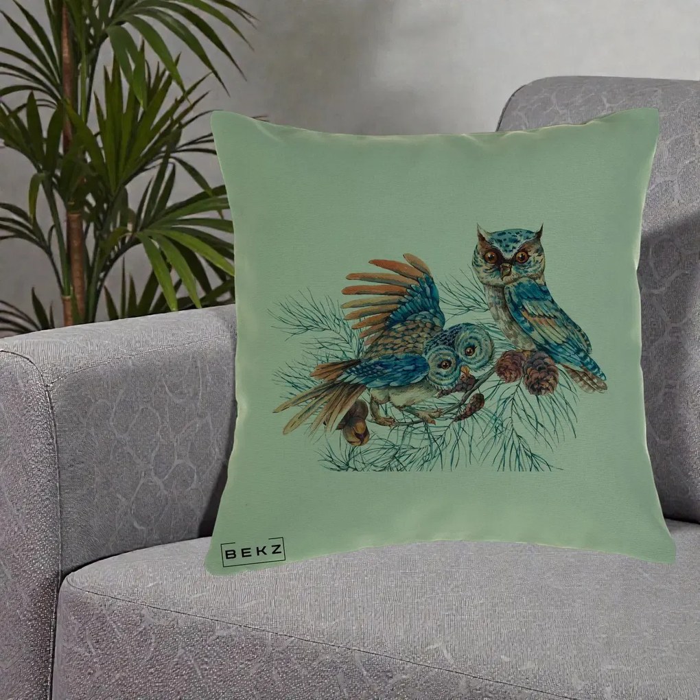 Perna Decorativa Bufnite de Iarna Albastre, 40x40 cm, Verde, Husa Detasabila, Perna Inclusa, BEKZ®