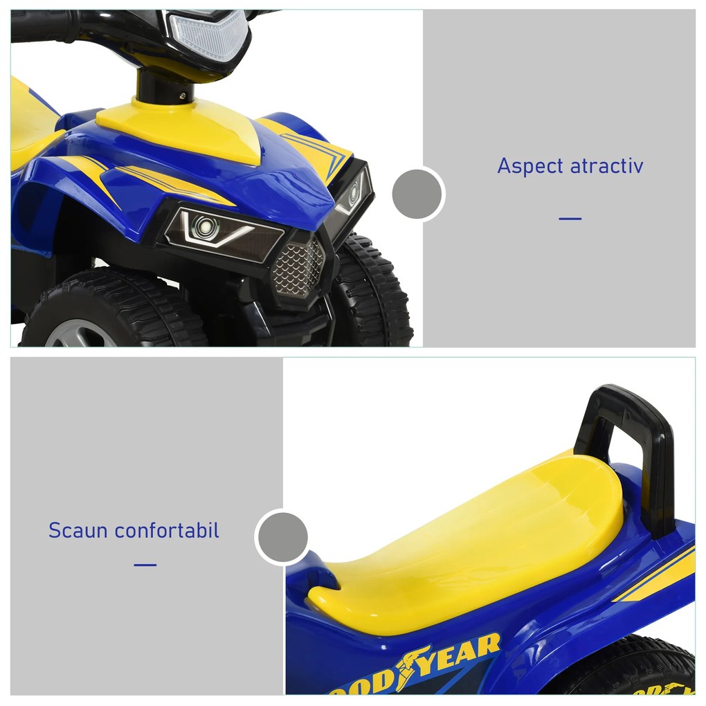 HOMCOM Quad Jucărie Licențiat GOODYEAR pentru Copii 18-36 Luni, cu Efecte Luminoase și Sonore, Albastru și Galben | Aosom Romania