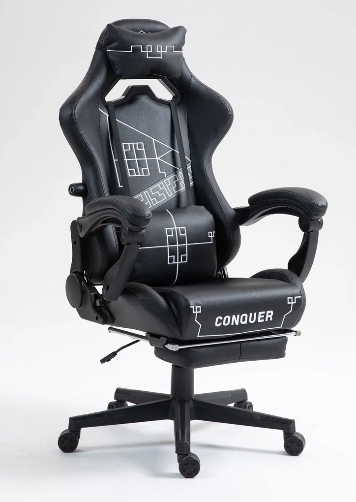 Scaun gaming, ergonomic, perna lombara cu masaj, suport lombar reglabil, spătar reglabil 90-155°, suport pentru picioare, piele PU, Negru/Alb