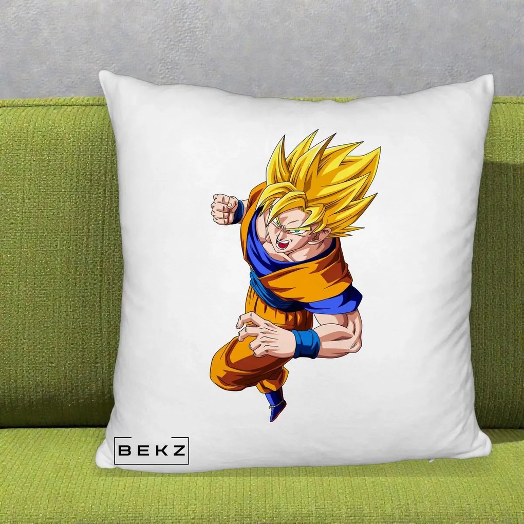Perna Personalizata Dragon Ball Goku Super Saiyan 2 Lupta, 40x40 cm, Alb Pufos, Husa Detasabila, Perna Inclusa, BEKZ®