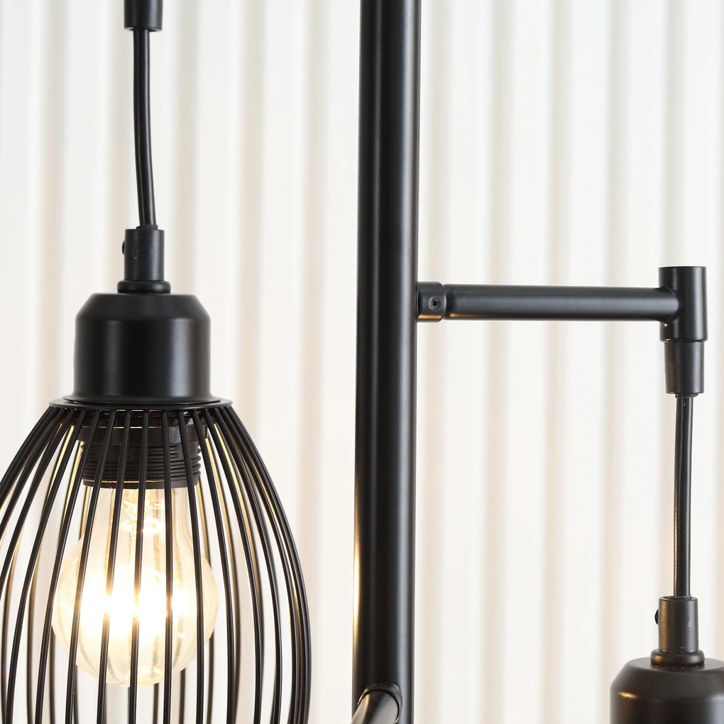HOMCOM Lampadar stil industrial 40 W max. 3 abajururi din metal cu sârmă cu luminozitate reglabila, suport E27, negru | Aosom Romania