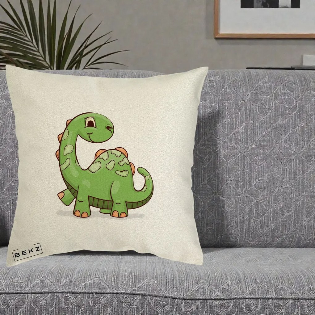 Perna Decorativa Brontosaur Verde Simpatic, 40x40 cm, Ecru, Husa Detasabila, Perna Inclusa, BEKZ®