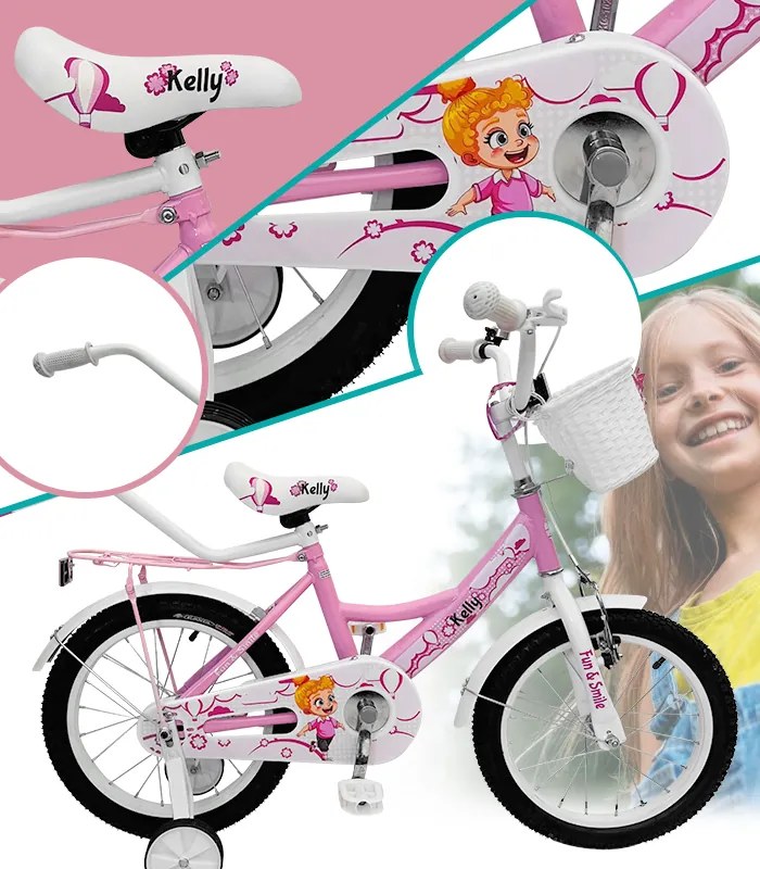 Bicicletă pentru copii cu roți auxiliare, bară de ghidare, coș și clopoțel 16 – pentru copii cu vârsta între 4 și 6 ani