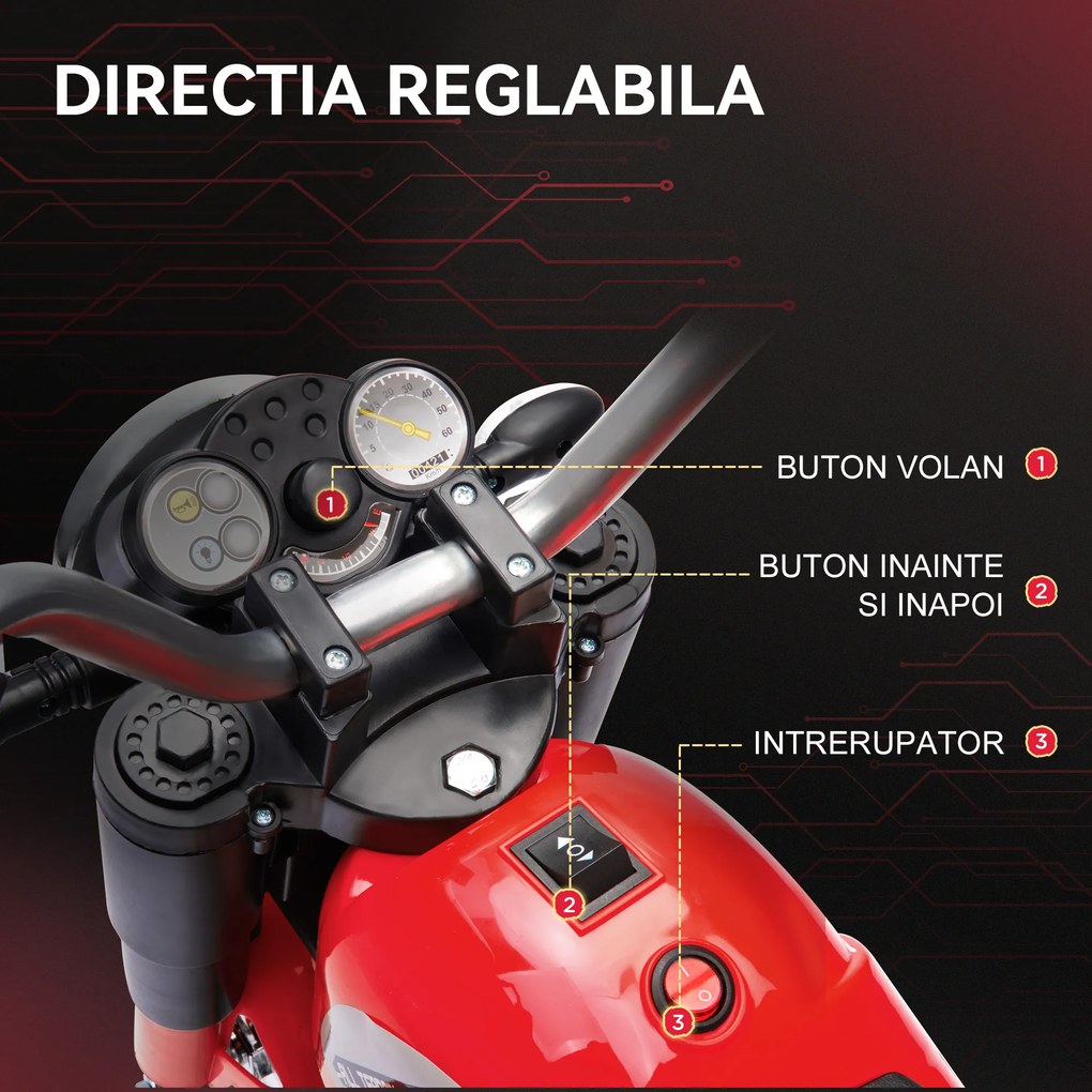 Motocicleta Electrica HOMCOM cu Baterie Reincarcabila 6V, Viteza 2km/h, de la 18-36 Luni, Rosie | Aosom Romania