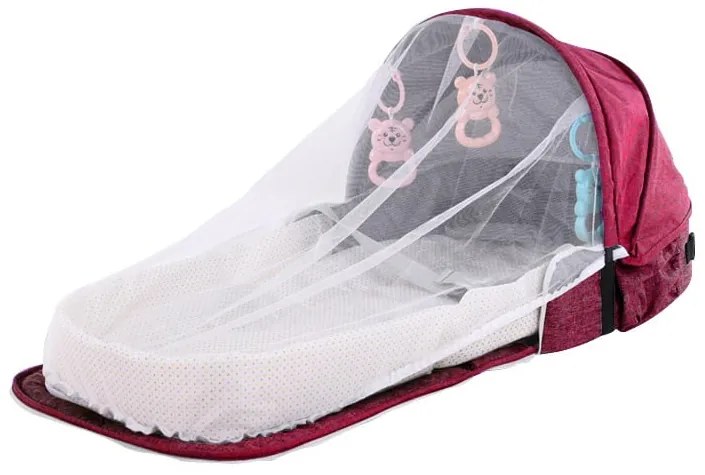 Patut de bebelusi pliabil si portabil tip geanta pentru calatorii, Visiniu