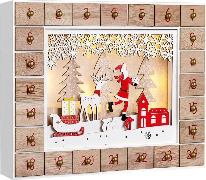 Calendar advent din lemn SANTA CLAUS cu iluminare, 35x6x27cm, alb/maro Spielwerk