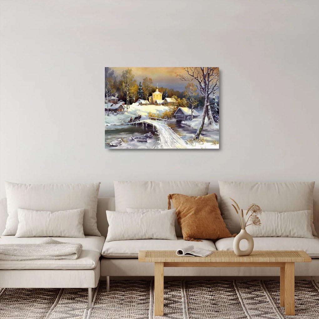 Tablou pe sticlă - Orășel iarna (70x50 cm)