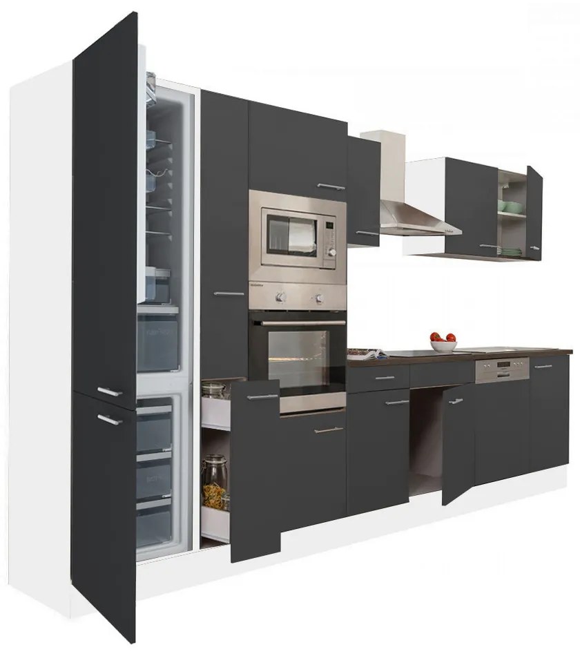Mobilă de bucătărie Yorki 370, corp alb, față antracit satinat, frigider cu congelator inferior