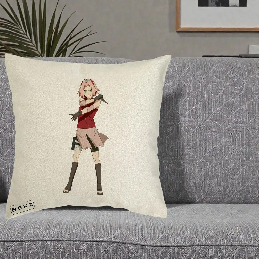 Perna Personalizata Naruto Sakura Haruno Portret, 40x40 cm, Ecru, Husa Detasabila, Perna Inclusa, BEKZ®