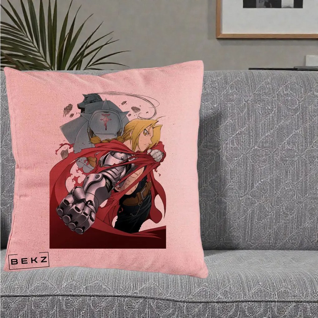 Perna Personalizata Fullmetal Alchemist Brotherhood Edward si Al Poster, 40x40 cm, Roz, Husa Detasabila, Perna Inclusa, BEKZ®