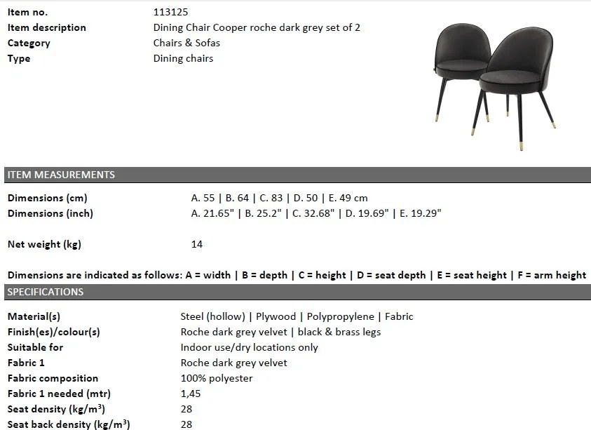 Set de 2 scaune elegante design LUX Cooper, catifea gri inchis 113125 HZ