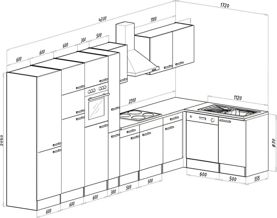Mobilă de bucătărie de colț Yorki 430, corp din stejar Yorki, față antracit satinat, frigider cu congelator superior