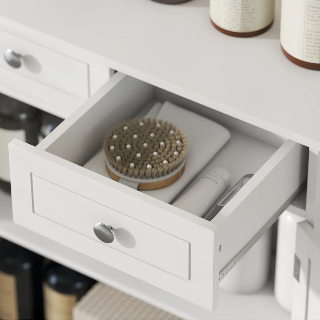 kleankin Dulap de Depozitare Organizator Independent pentru Baie de Podea cu 2 Usi, 2 Sertare si Raft Reglabil, Alb | Aosom Romania