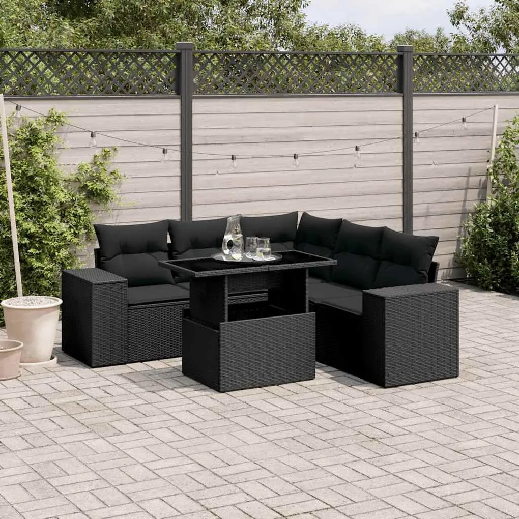 vidaXL Set mobilier de grădină cu perne, 6 piese, negru, poliratan