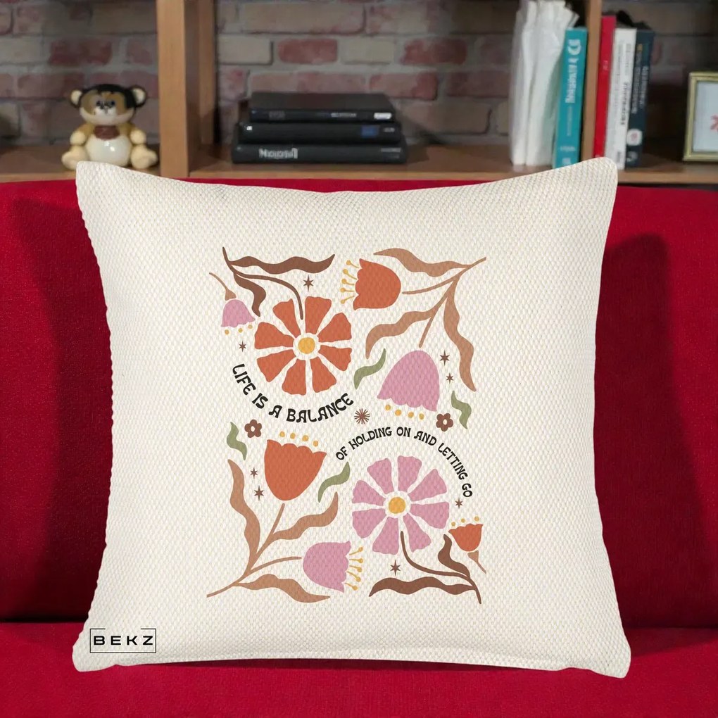 Perna Decorativa Life is a Balance Floral, 40x40 cm, Crem Reliefat, Husa Detasabila, Perna Inclusa, BEKZ®