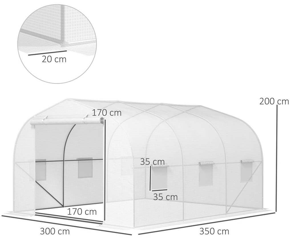 Outsunny Seră Tunel pentru Grădină cu 6 Ferestruici și Ușă Rulantă, Seră pentru Grădină din Oțel, 3,5x3x2 m, Alb | Aosom Romania