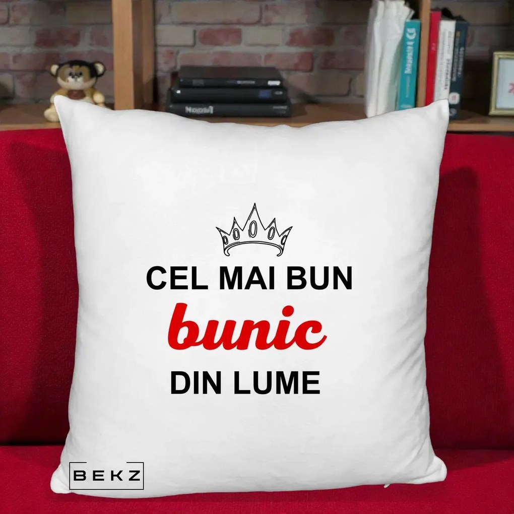 Cadou pentru Bunic - Perna Personalizata Cel Mai Bun Bunic Din Lume Coroana Rosu, 40x40 cm, Alb Pufos, Husa Detasabila, Perna Inclusa, BEKZ®