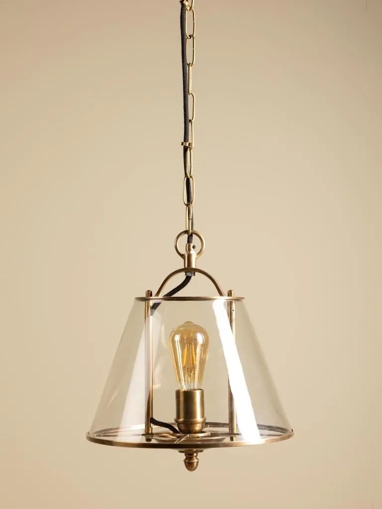 Lampă suspendată tip felinar din sticlă și alamă, auriu, finisaj vintage, 40 × 34 cm, „Lumior"