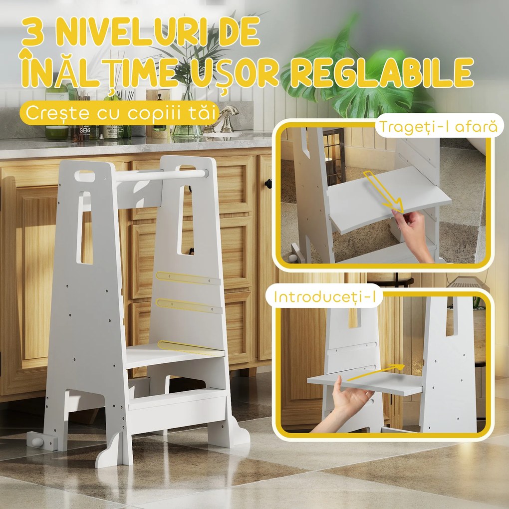 AIYAPLAY Scaun Copii Reglabil pe 3 Niveluri cu Bară de Siguranță, 45x47.5x91 cm, Alb | Aosom Romania