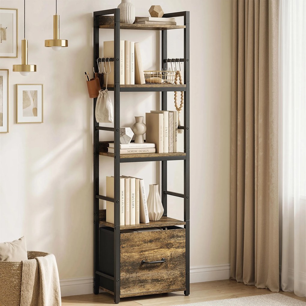 HOMCOM Bibliotecă cu 4 niveluri, etajeră de depozitare îngustă cu sertar, 8 cârlige, , 39 x 26 x 136,5 cm, maro rustic | Aosom Romania