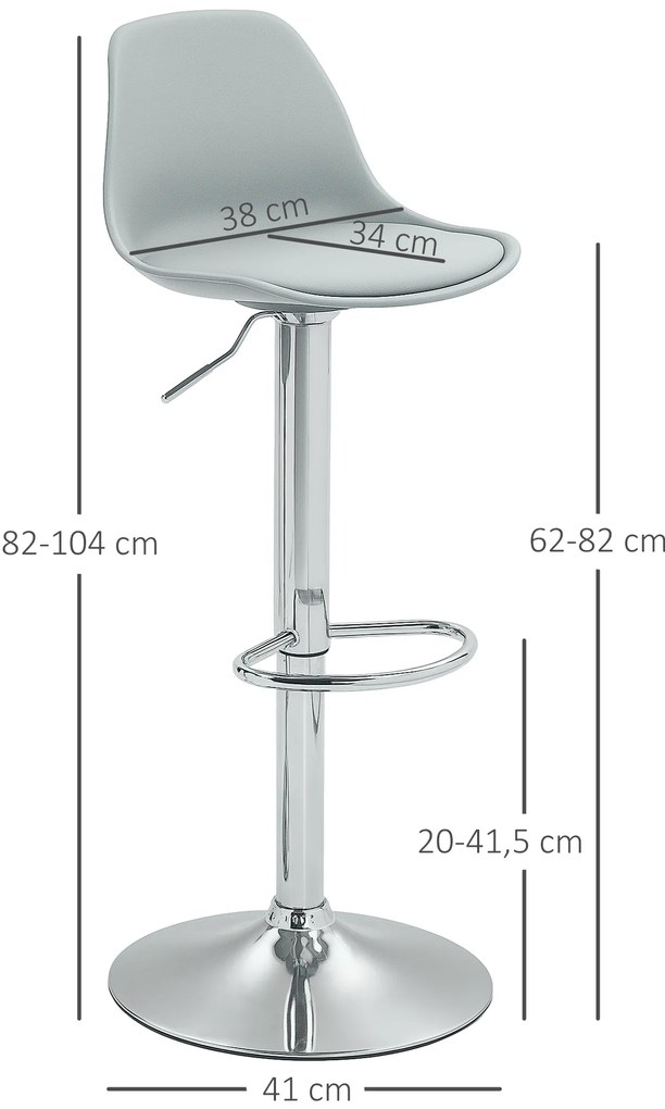 HOMCOM Set de 2 scaune de bar, Scaune de bar, Scaune rotative cu spătar, înălțime ajustabilă, capacitate de încărcare de până la 120 kg, 42 x 38 x 82-104 cm, Gri | Aosom Romania