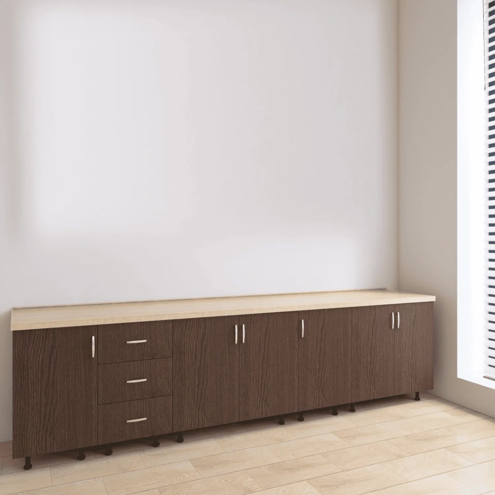 Set Corp Bucatarie L260 x H90 x A50cm, Culoare Wenge, Picioare Reglabile, Blat Termorezistent 2.8 cm