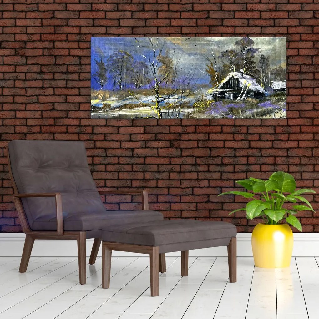 Tablou -Cabane într-un peisaj de iarnă, pictură în ulei (120x50 cm)