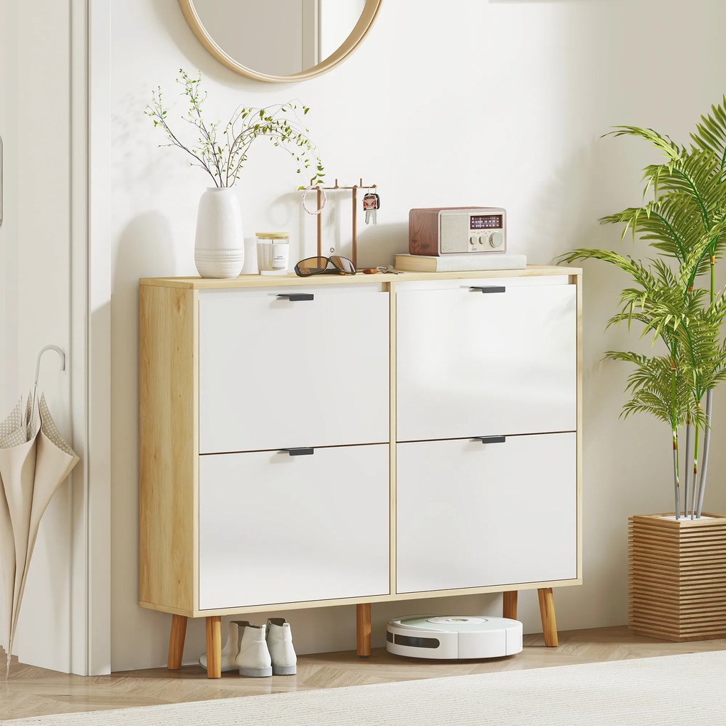 HOMCOM Dulap de pantofi subțire modern cu 4 sertare rabatabile pentru 20 de perechi de pantofi, Alb | Aosom Romania