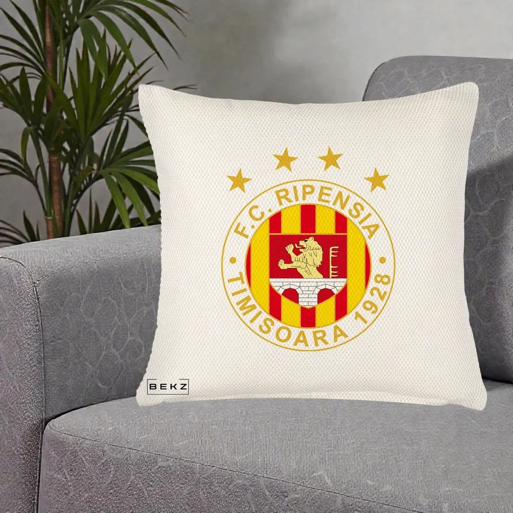 Perna Personalizata FC Ripensia Timisoara 1928, 40x40 cm, Crem Reliefat, Husa Detasabila, Perna Inclusa, BEKZ®