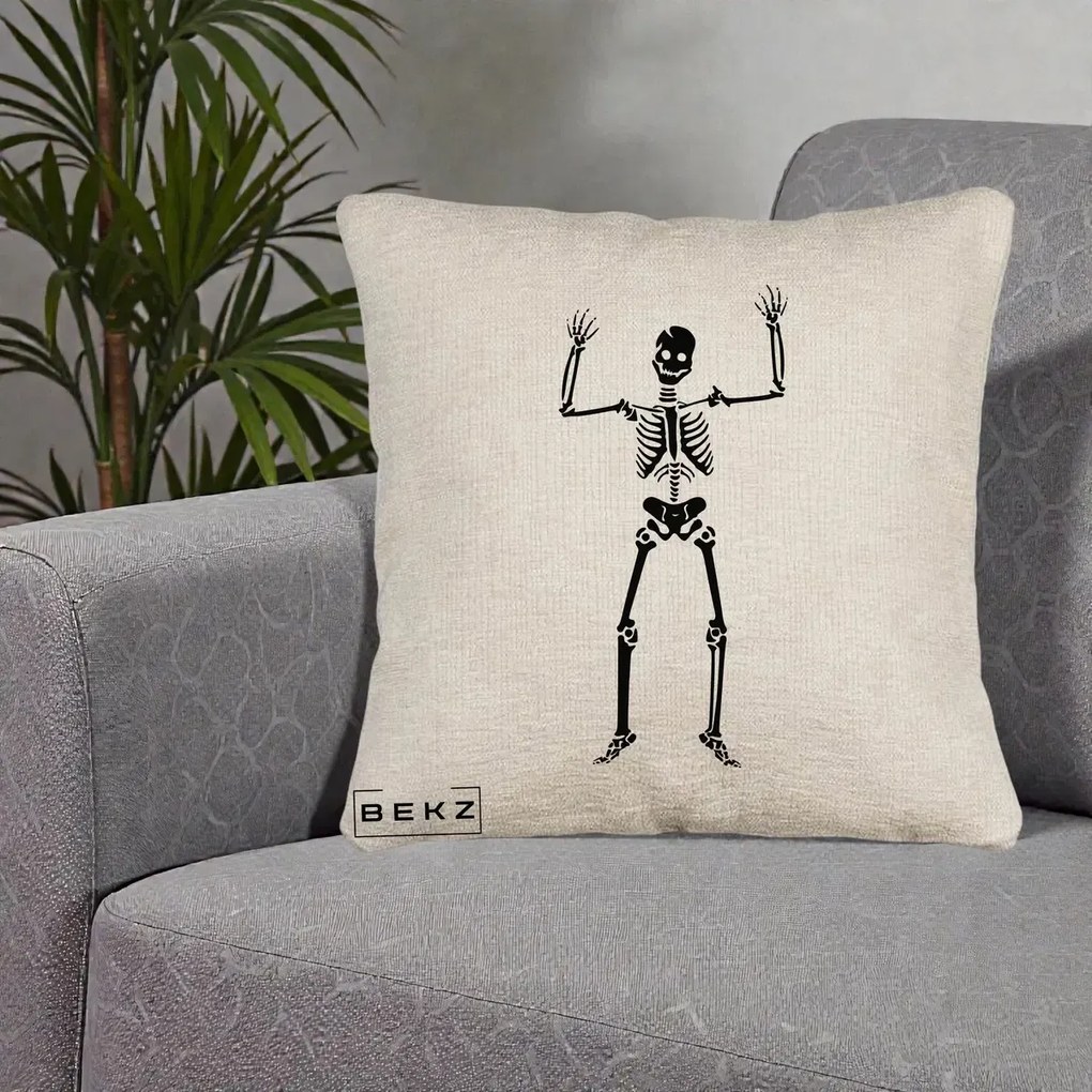 Perna Decorativa Halloween Schelet Dansator, 40x40 cm, Bej Canapea, Husa Detasabila, Perna Inclusa, BEKZ®