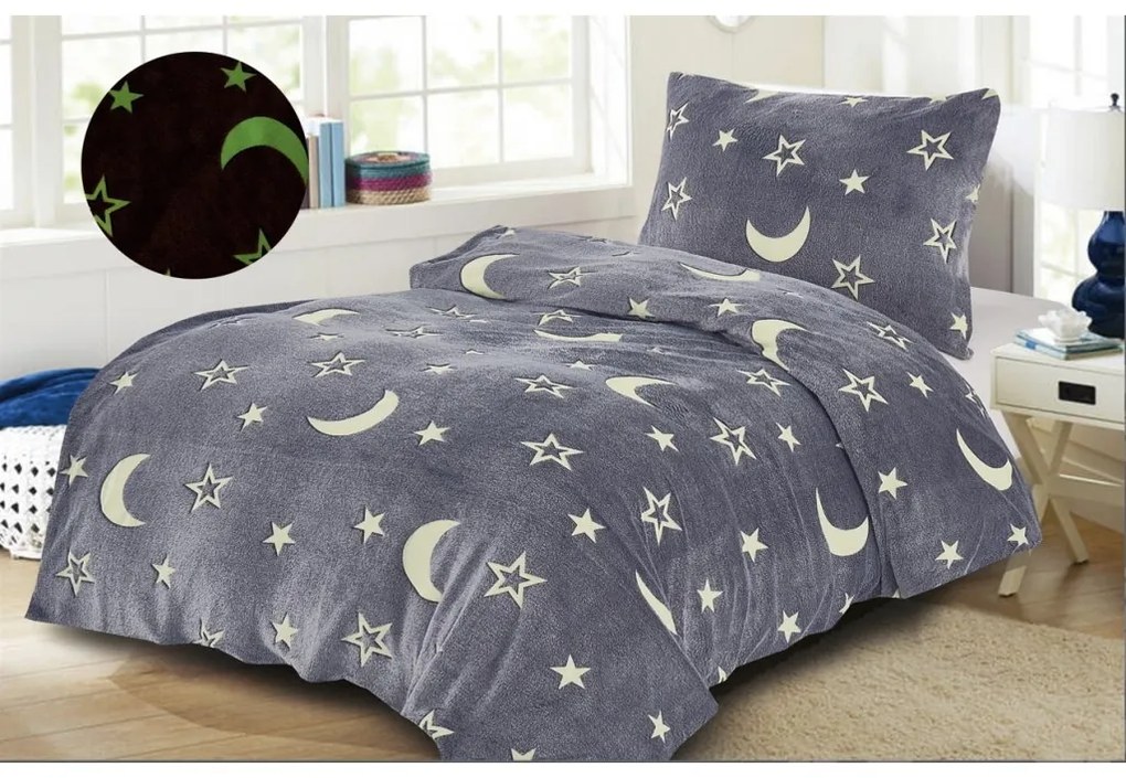 Lenjerie de pat fosforescenta din microplus BIG MOON gri + cearceaf din microplus SOFT 90x200 cm gri inchis