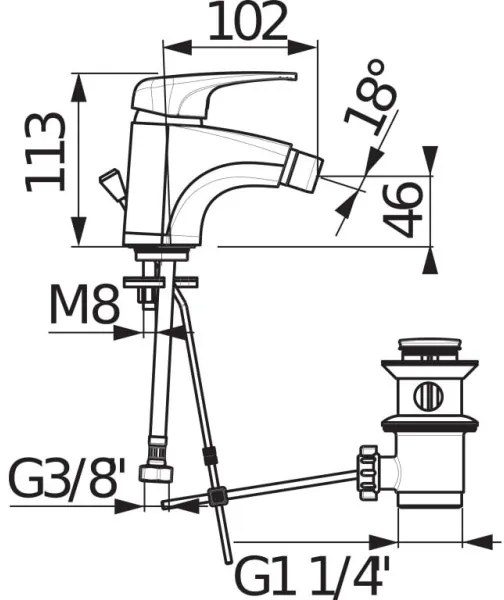 Baterie de bideu + supapă fără preaplin JIKA H3411U10041111 DEEP 11,3 cm crom