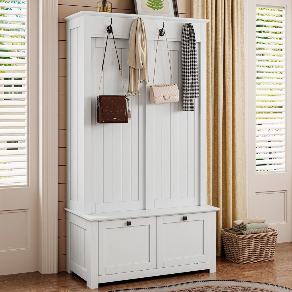 Dulap de hol cu uși glisante și compartiment pentru pantofi integrat, sistem de depozitare multifuncțional cu cârlige, 100x50x180 cm, Alb