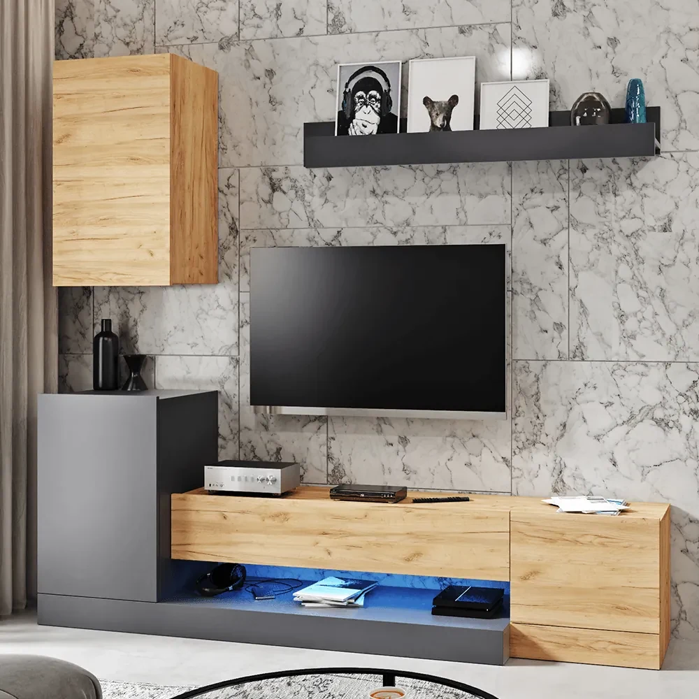 Set mobilier living mdf gri stejar wotan dula 200x40x180 cm