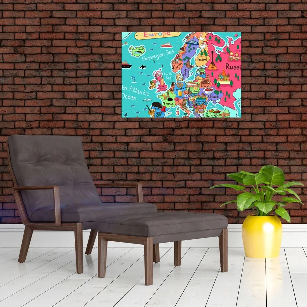 Tablou pe sticlă - Harta Europei pentru copii (70x50 cm)