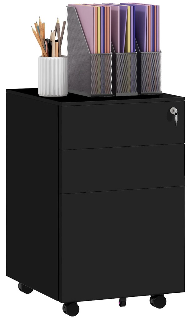 Vinsetto Container cu role și sertare, Negru, 3 sertare, blocabil, mobil, 37 cm x 43,5 cm x 60 cm | Aosom Romania