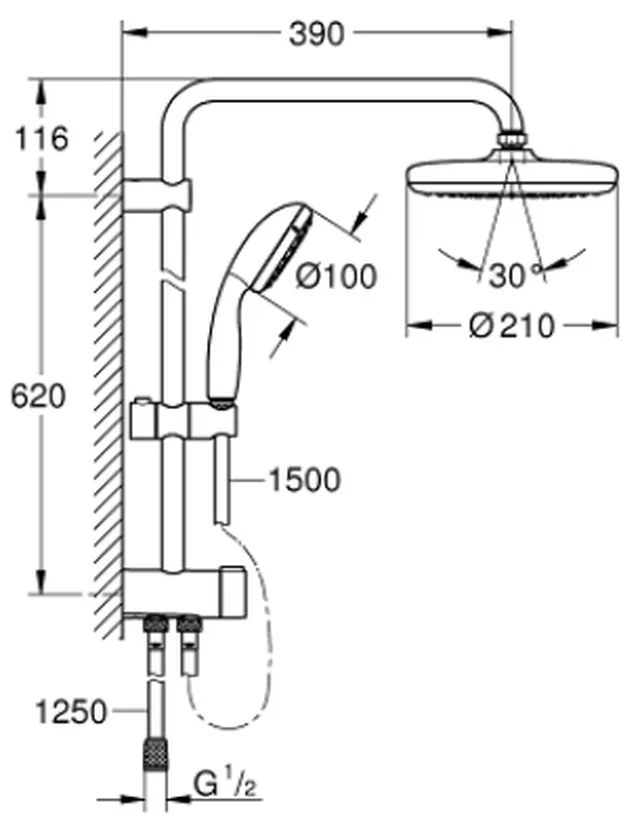 Coloana de dus cu comutator, culoare crom, Grohe New Tempesta 210