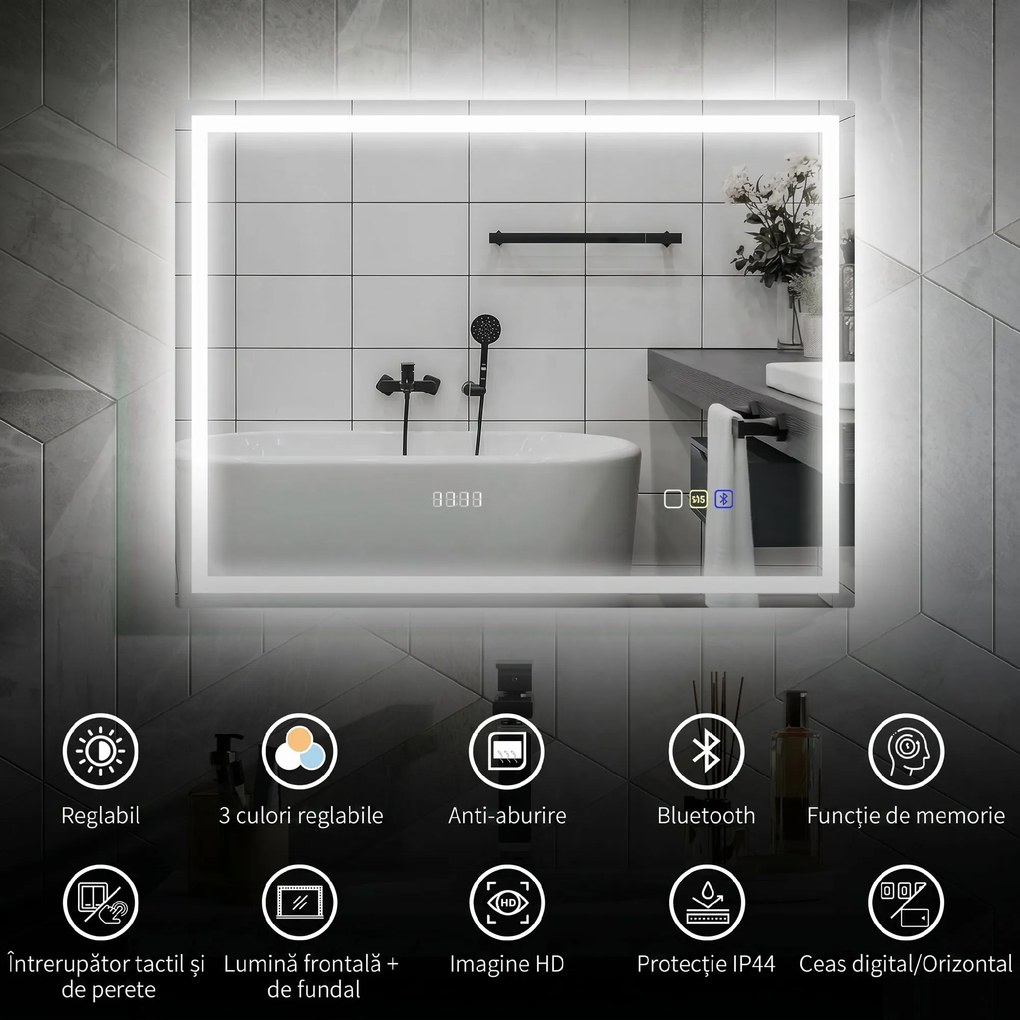 HOMCOM Oglindă Baie Anti-aburire Con Lumină Led E Difuzor Bluetooth 80x60 cm | Aosom Romania
