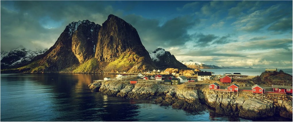 Tablou cu sat de pescari din Norvegia (120x50 cm)