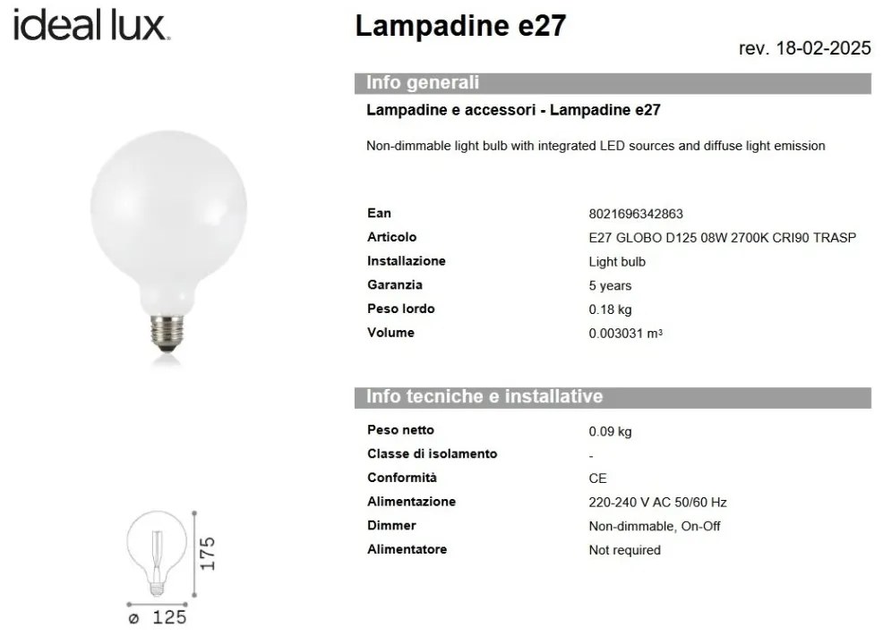 Bec LED, E27 globo d125 08w 2700k cri90 transparent