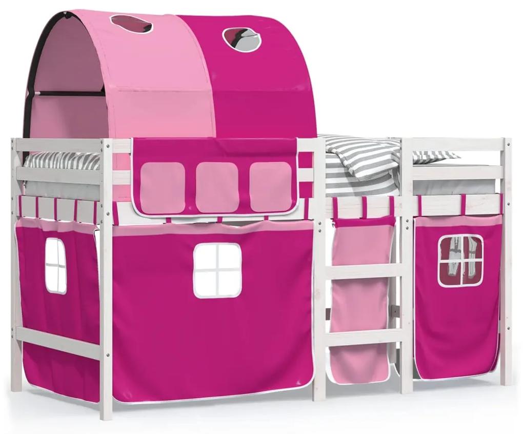 3283858 vidaXL Pat etajat de copii cu tunel, roz, 90x190 cm, lemn masiv pin