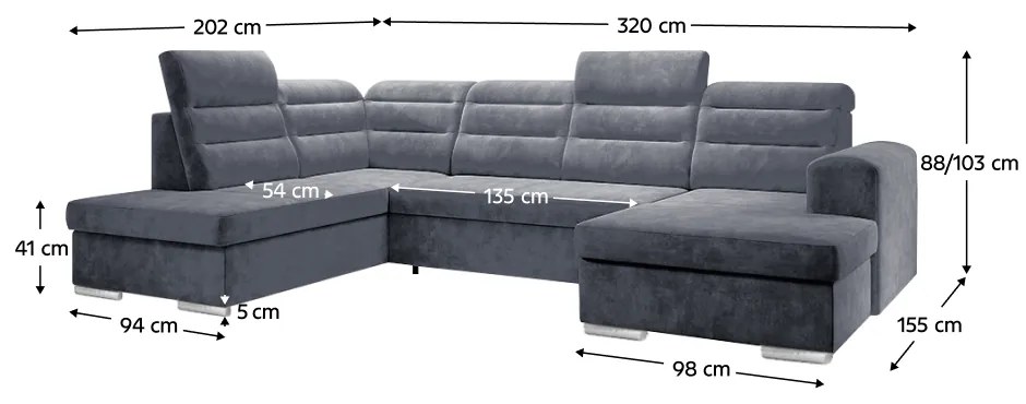 Canapea extensibilă, gri închis, stânga, KLOUDY U