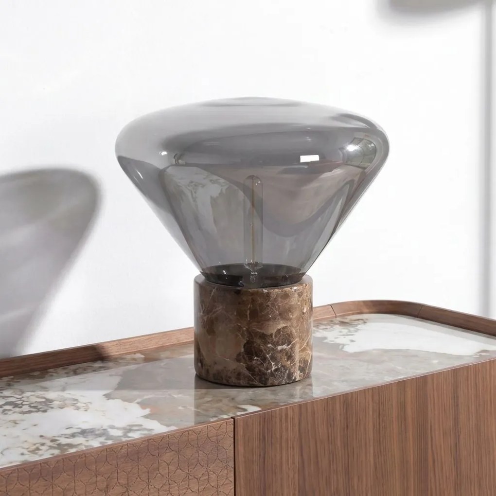Lampa de masa din sticla fumurie si marmura portelanata maro