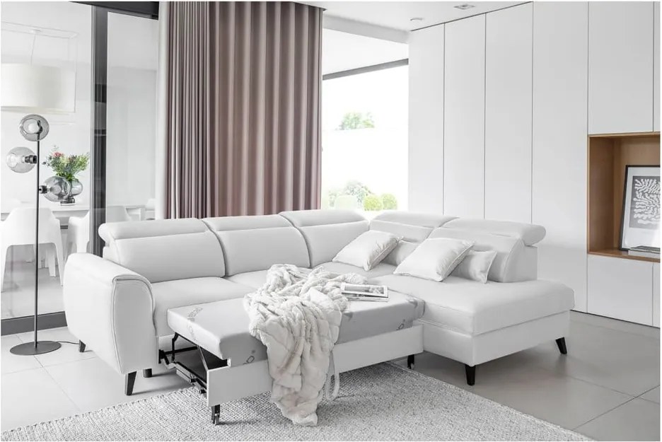 Colțar alb extensibil/cu spațiu de depozitare cu tapițerie din catifea (cu colț pe partea dreaptă/în formă de ”L”) Noble – ELTAP
