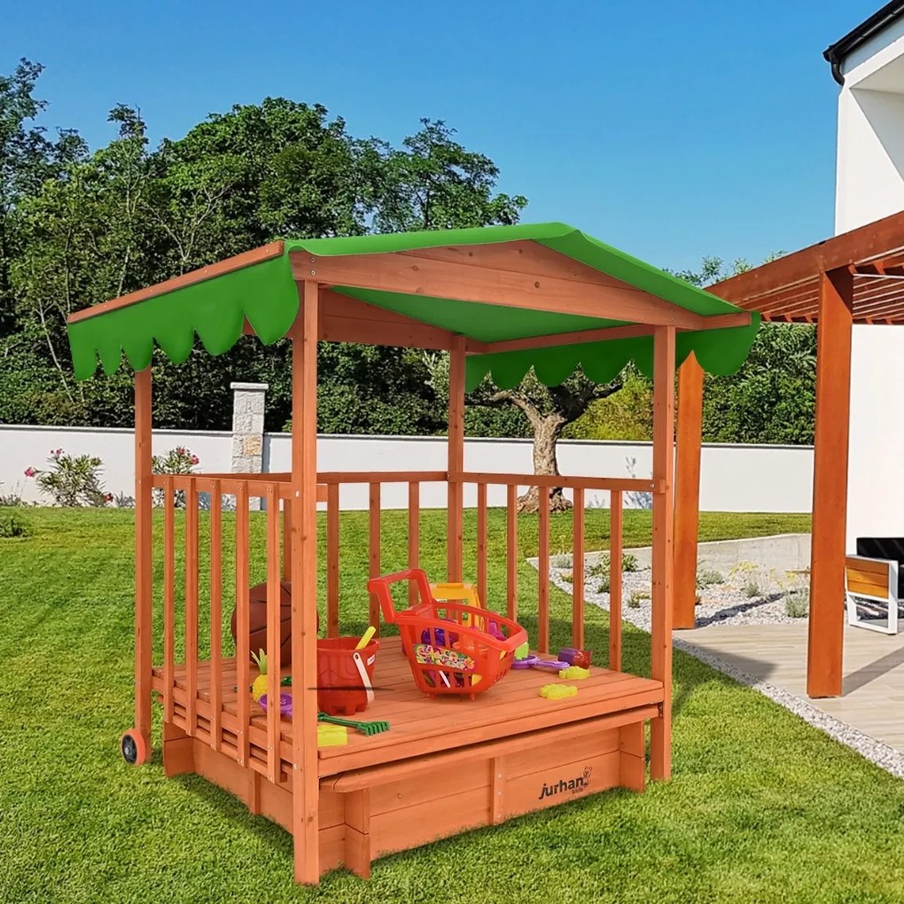 Groapa cu nisip cu verandă HAPPY, 130x130x143cm, maro/verde Jurhan